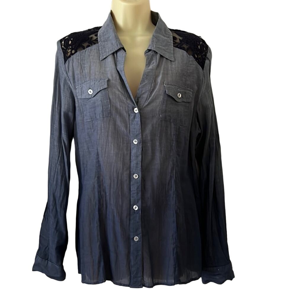 True Freedom XL Blue Chambray and Lace Blouse